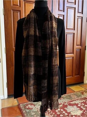 Nordstrom Scarf Dark Brown plaid 10 x 66 inch Soft Chenille Made in USA Fringed